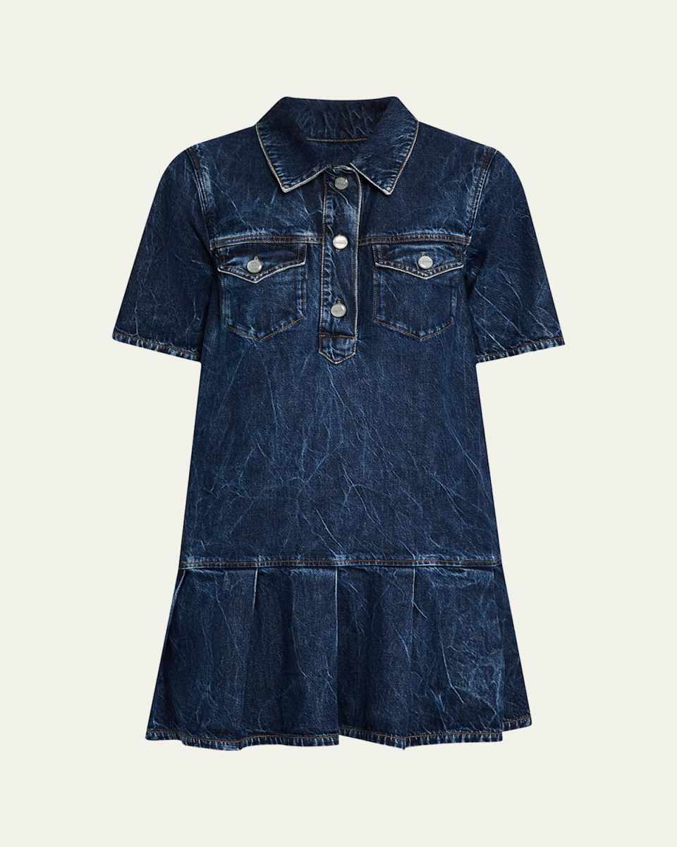 Short-Sleeve Crinkled Denim Mini Dress